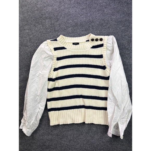 Rails Sweaters - Rails Bambi Mixed Media Sweater Womens Medium Ivory Navy Stripe Puff Sleeve